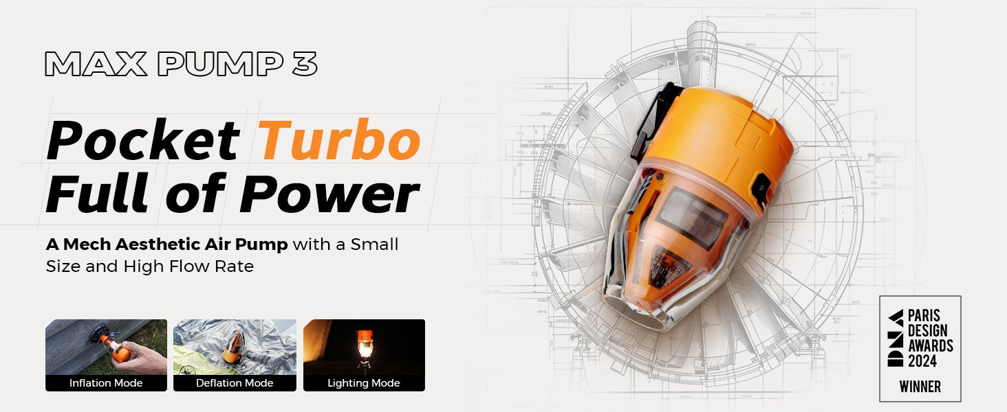 Max Pump 3 High Power Portable Air Pump - 5Kpa 500L/min Electric Inflator with Camping Light for Air Mattresses Boats Swim Rings Pillows Inflatables