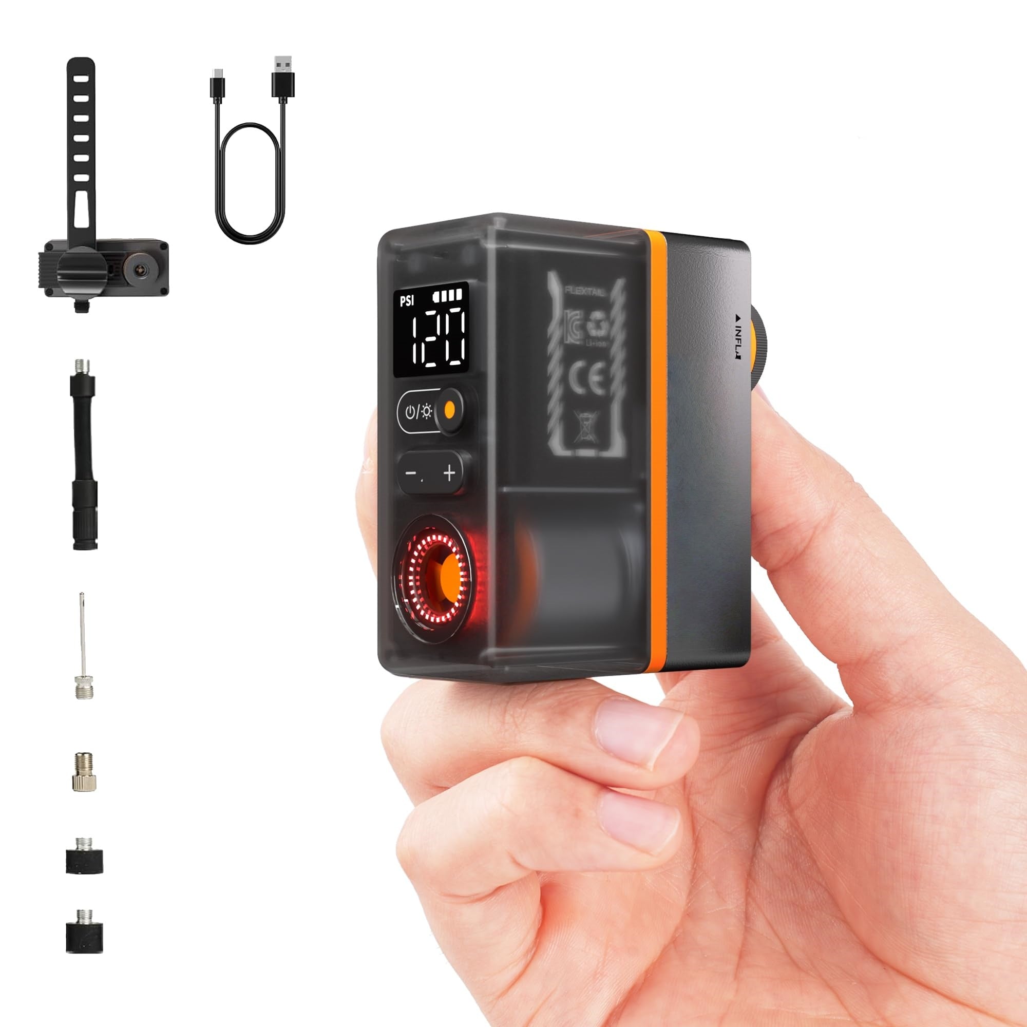 Portable Mini Electric Bike Pump - 120PSI with Pressure Gauge & Professional Taillight, Presta/Schrader Valve for Road/Mountain Bikes, Motorcycle, Sports Balls