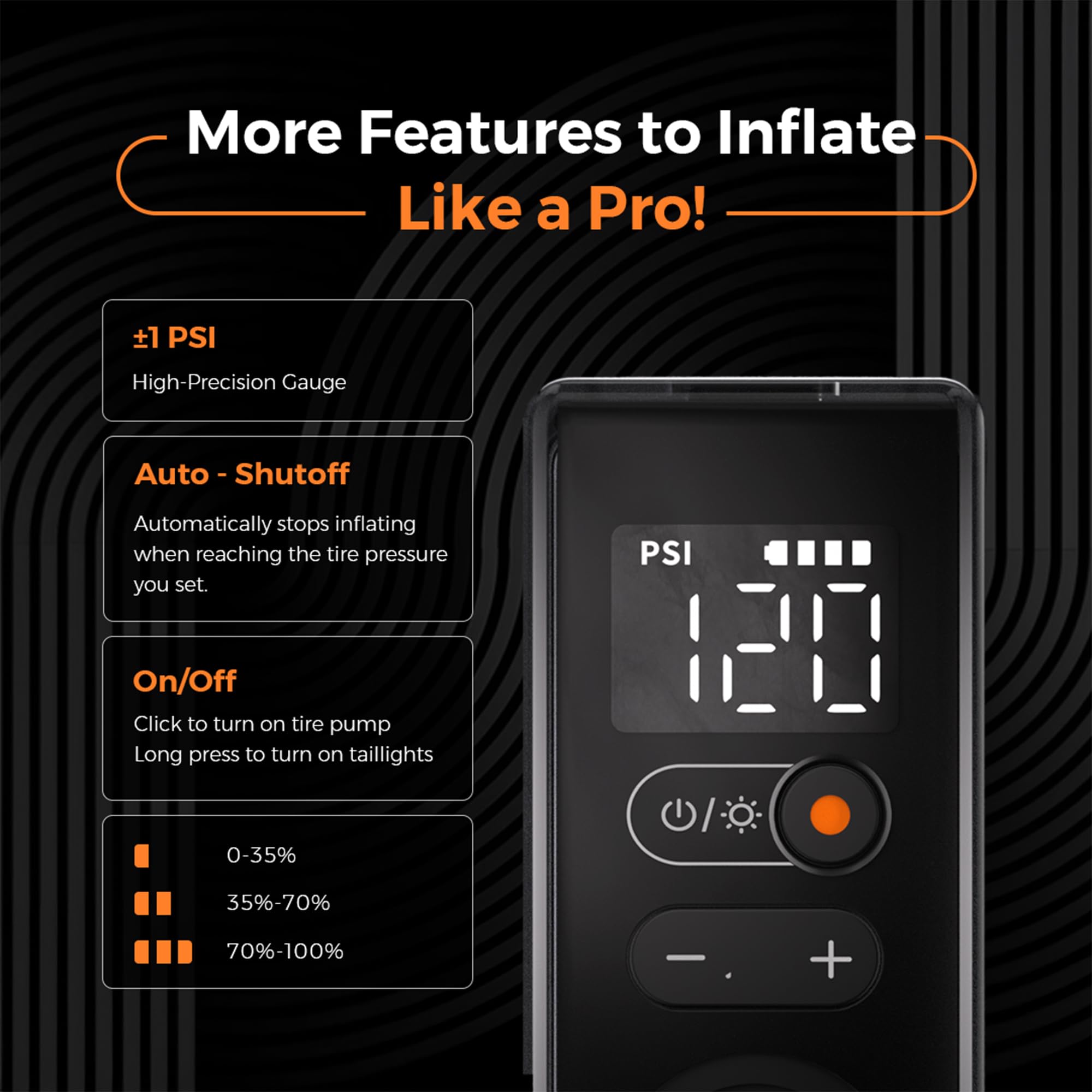 Portable Mini Electric Bike Pump - 120PSI with Pressure Gauge & Professional Taillight, Presta/Schrader Valve for Road/Mountain Bikes, Motorcycle, Sports Balls