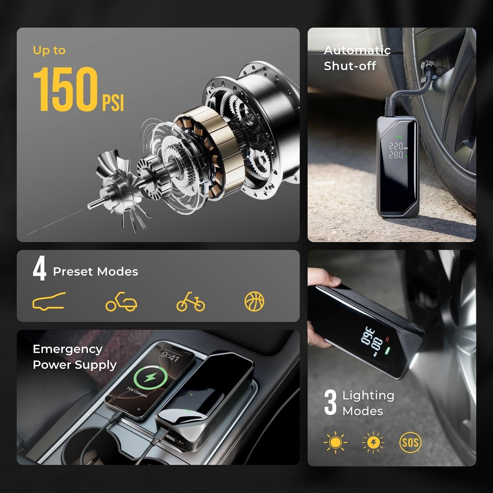 Cordless Portable Tire Inflator - Rechargeable Electric Air Compressor with Digital Pressure Gauge, Knob Control, Auto Shut-Off for Car Tires, Bike, Sports Balls